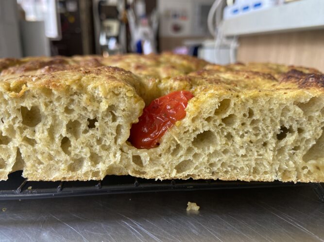 focaccia pesto pomodori alta idratazione